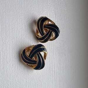 Gold and Navy Enamel Clip-On Knot Earrings